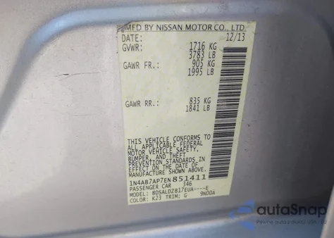 2014 Nissan Sentra Sv from USA, damaged, VIN 1N4AB7AP7EN851411